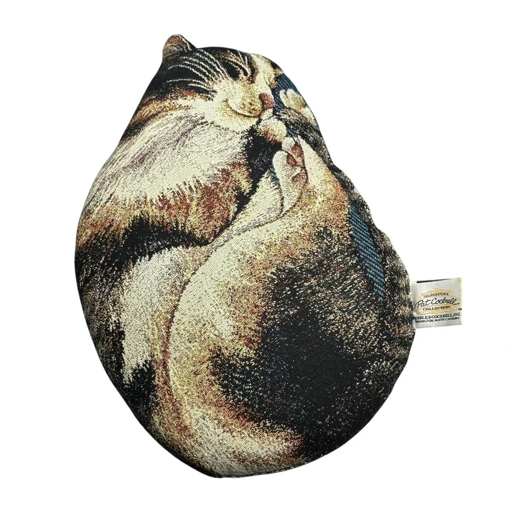 VTG Sleeping Curled Up Cat Decorative Pillow Pat Cockrell Woven Tapestry
